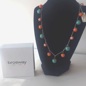 Silvertone Italian necklace with coral & turquoise color beads.